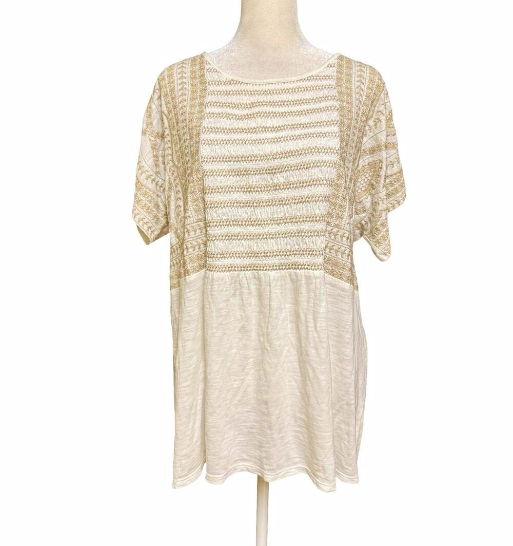 J. Jill White/Beige Geometric Embroidered Cotton Knit Tunic Tee L